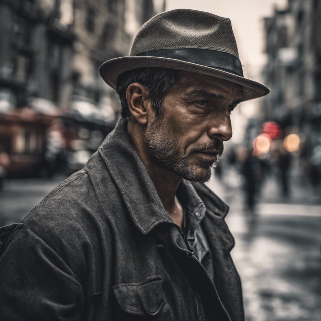 man with hat in city