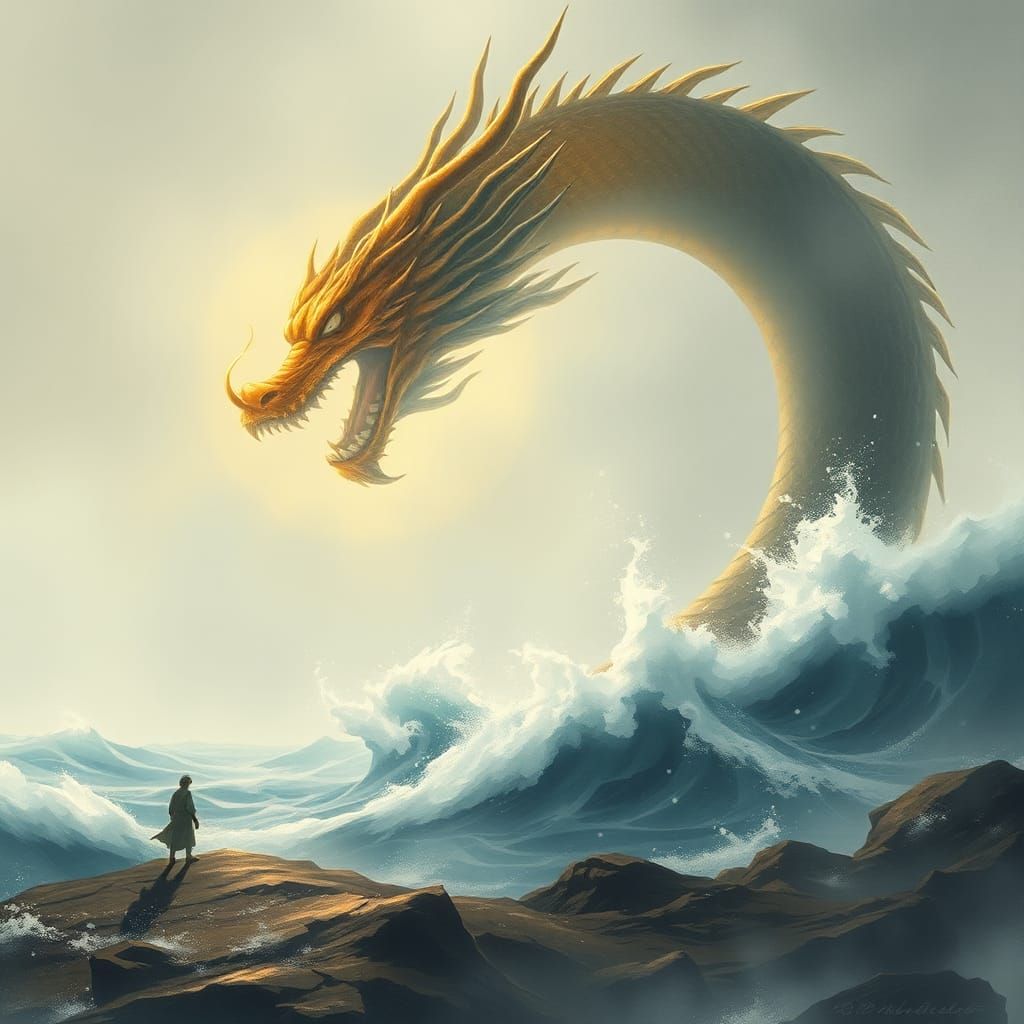 Ancient Dragon Emerges from Misty Sea in Watercolor Style