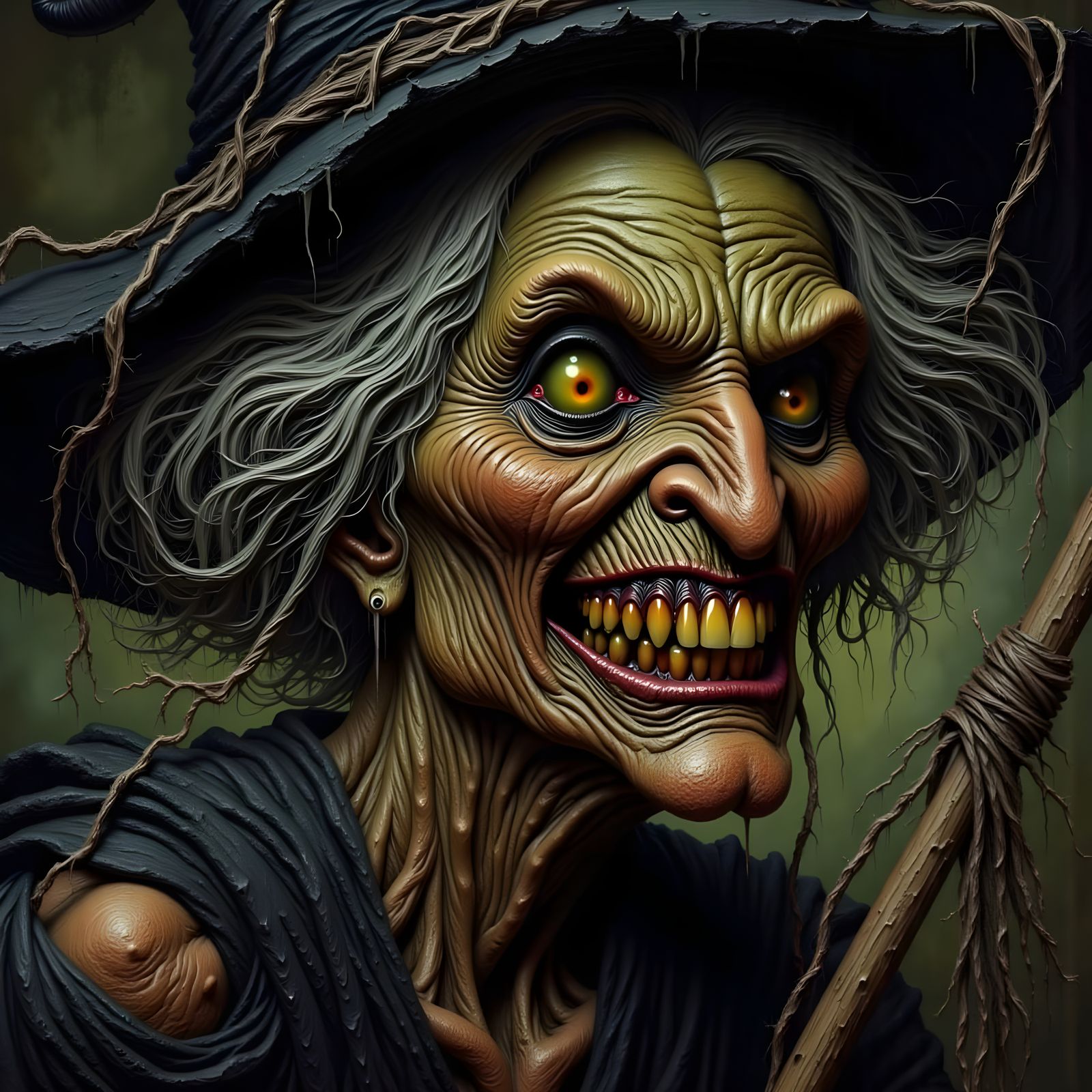 A withered, gnarled crone with a desiccated, apple-like visage, distorted by age and malice, sporting a wicked, sadistic grin, her skin a si...