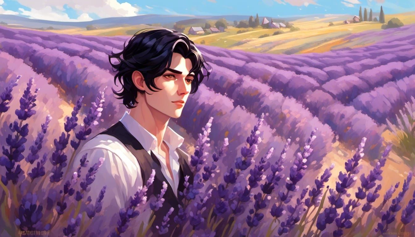 A handsome young man  in the field of lavender /<lora:Celestial Palette:1.0>