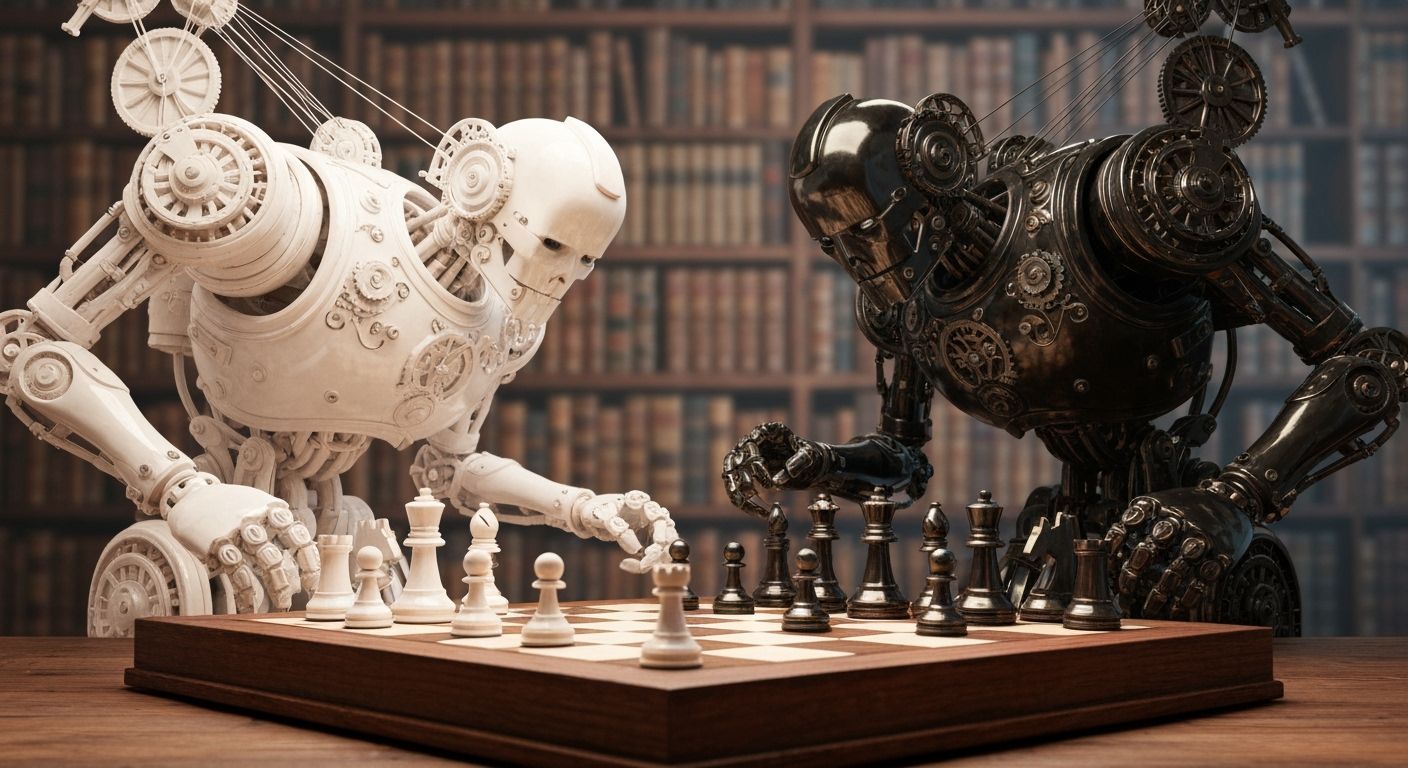 Two wooden mechanical robots made of gears, pulley, hardwood mechanism,  and strings, play against each ...  by @Eclectic shambles