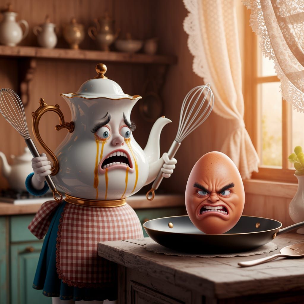  Teapot wearing an apron in a kitchen is holding  a whisk in one hand and a frying pan in the other.  An angry egg on the co...
