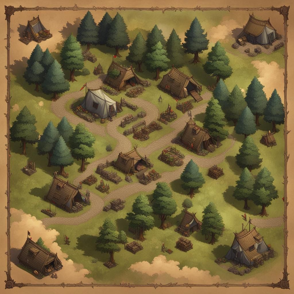 aerial view, battle map, medieval RPG art, road, caravan cam...