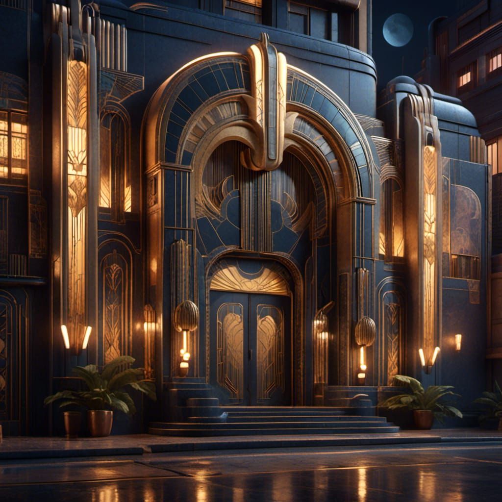 3D depth of detail, 3D raised detail, 3D DOF, the exterior of an art deco theater at night<lora:Steskers Futurism:1.0> 