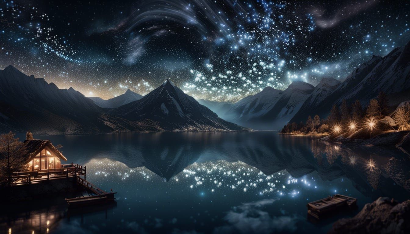 Hundreds of stars spin in the sky reflecting in mountain_lake, mountains around....