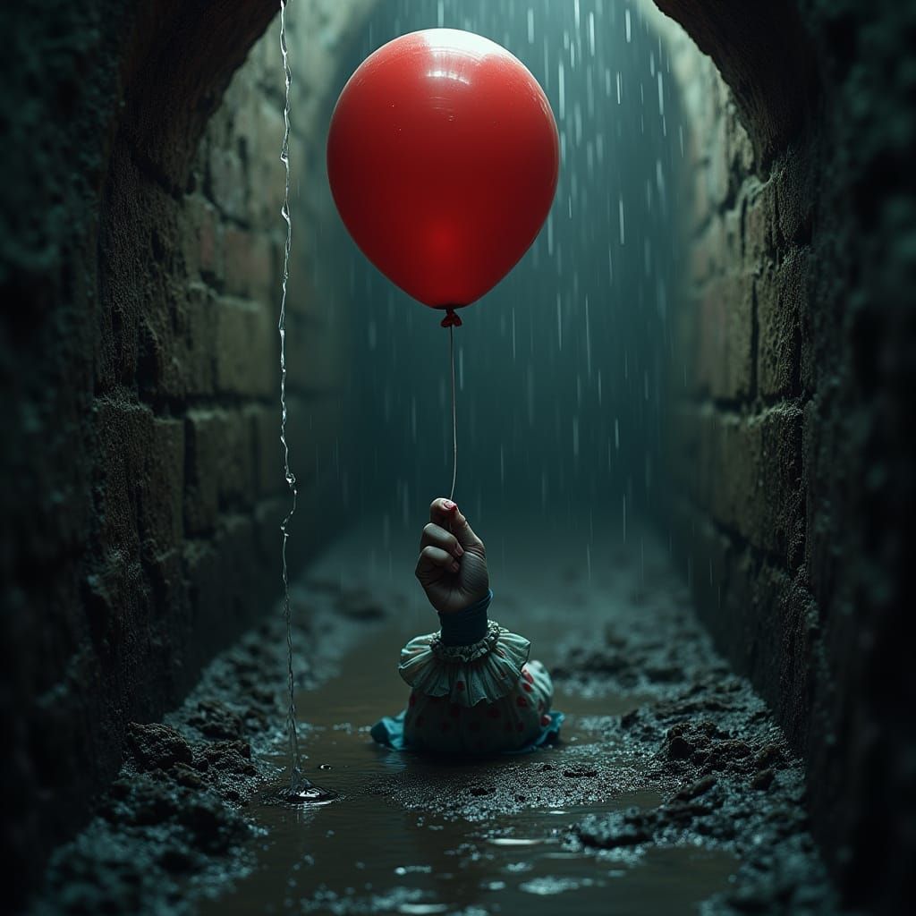 Deep in a sewer dark and wet with spiders a sewer drain drips water and a clown's hand is sticking out from the drain holding a red balloon
