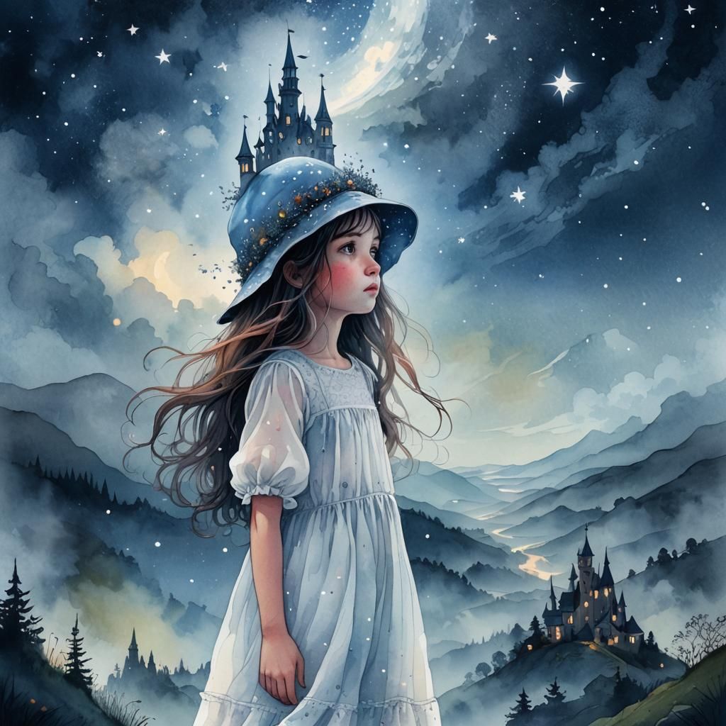Over-detailed illustration of little Girl in a white nightgo...