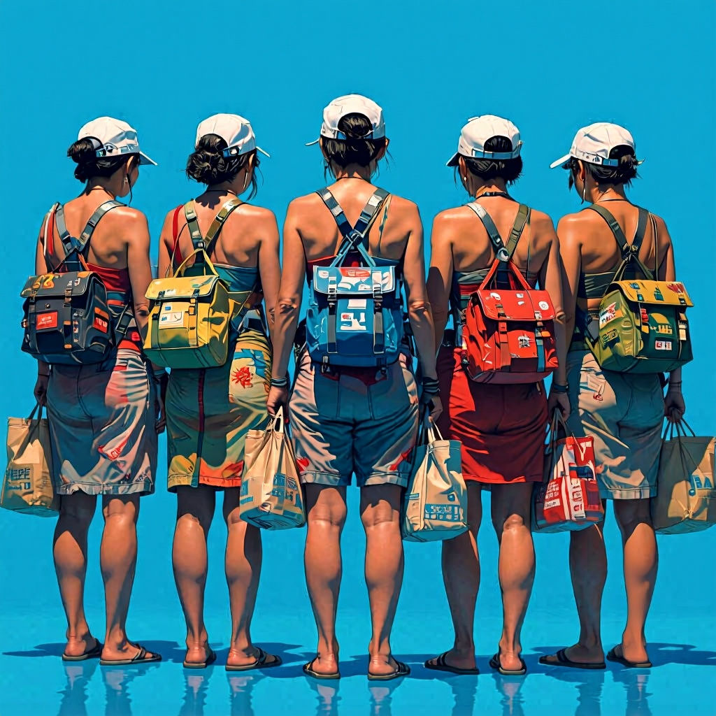 7 female asian fisherman, view from behind, they are standing, old, poor, futuristic clothes, cyberpunk, naked legs and feeds, with bags and...