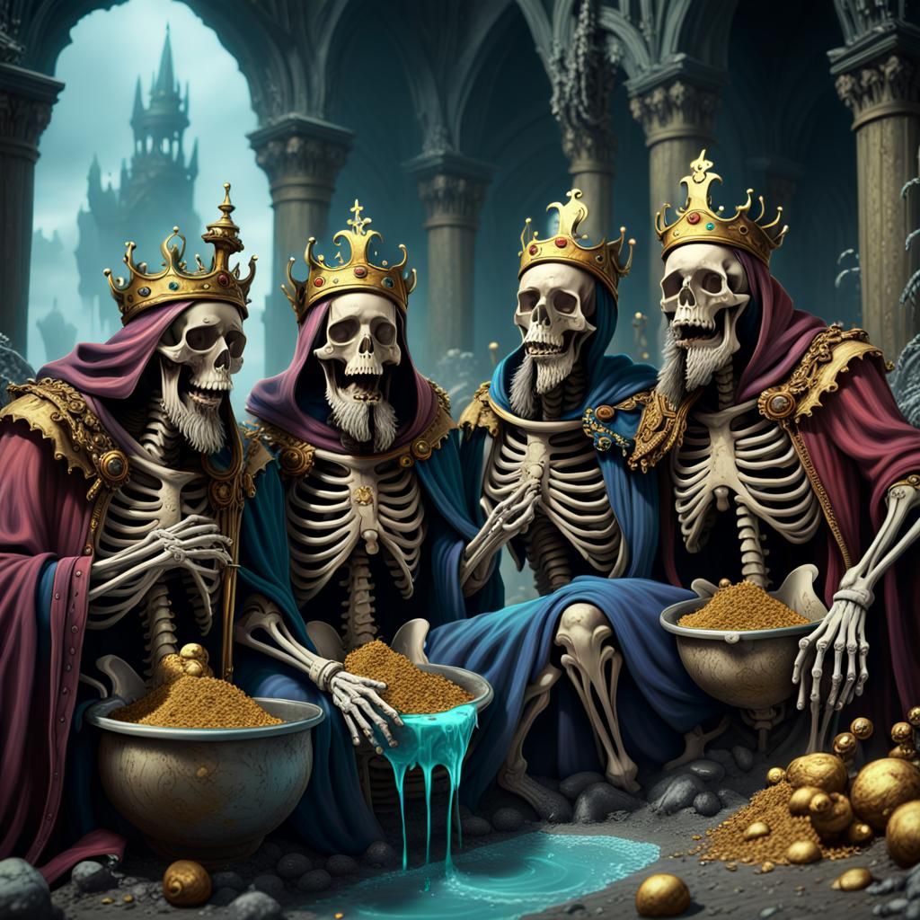 Three skeleton kings with beards vomiting treasure