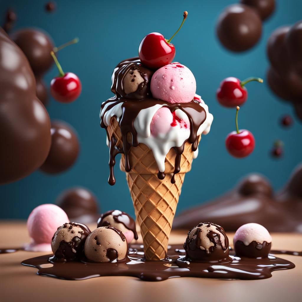 Ice cream cone with 6 ice cream balls stacked in top of eachother with a cherry on top with chocolate ...  by @NolanP2010