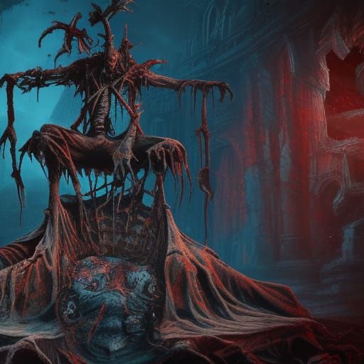 rotting zombie on skull throne