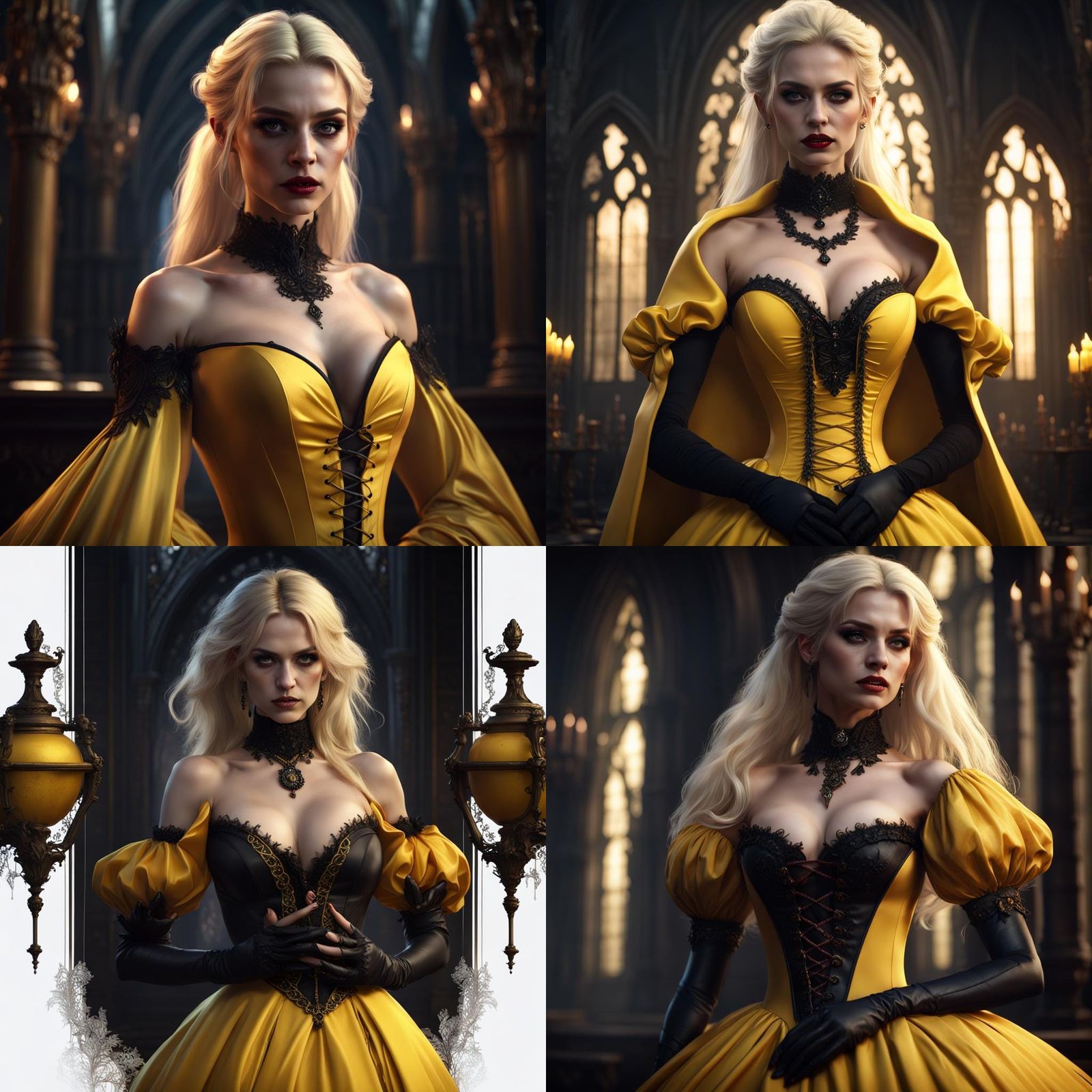 A blonde haired vampire girl in a low cut yellow gothic ball...