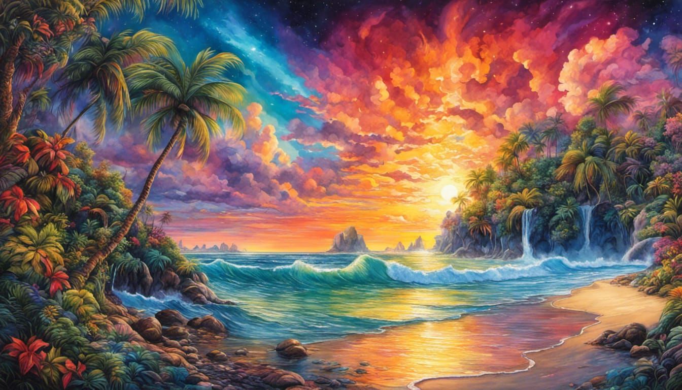 Colorful tropical island beach vacation at sunset -3613- ...... God Is Available. He Loves You...Do You ...  by @Preppergal