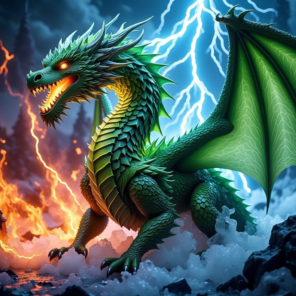 <lora:DragonV1:1.0>A stunning dragon made entirely of vibrant green leaves stands majestically amidst a chaotic fire and ice storm. Its body...