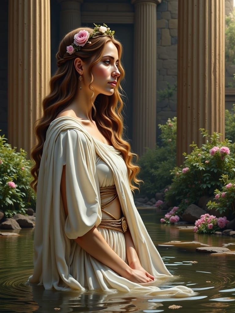 close-up photograph of chesnut haired vestal maiden of ancient roman age <lora:Ancient Beauty2:1.0> white seethru drape wet in water hot spr...