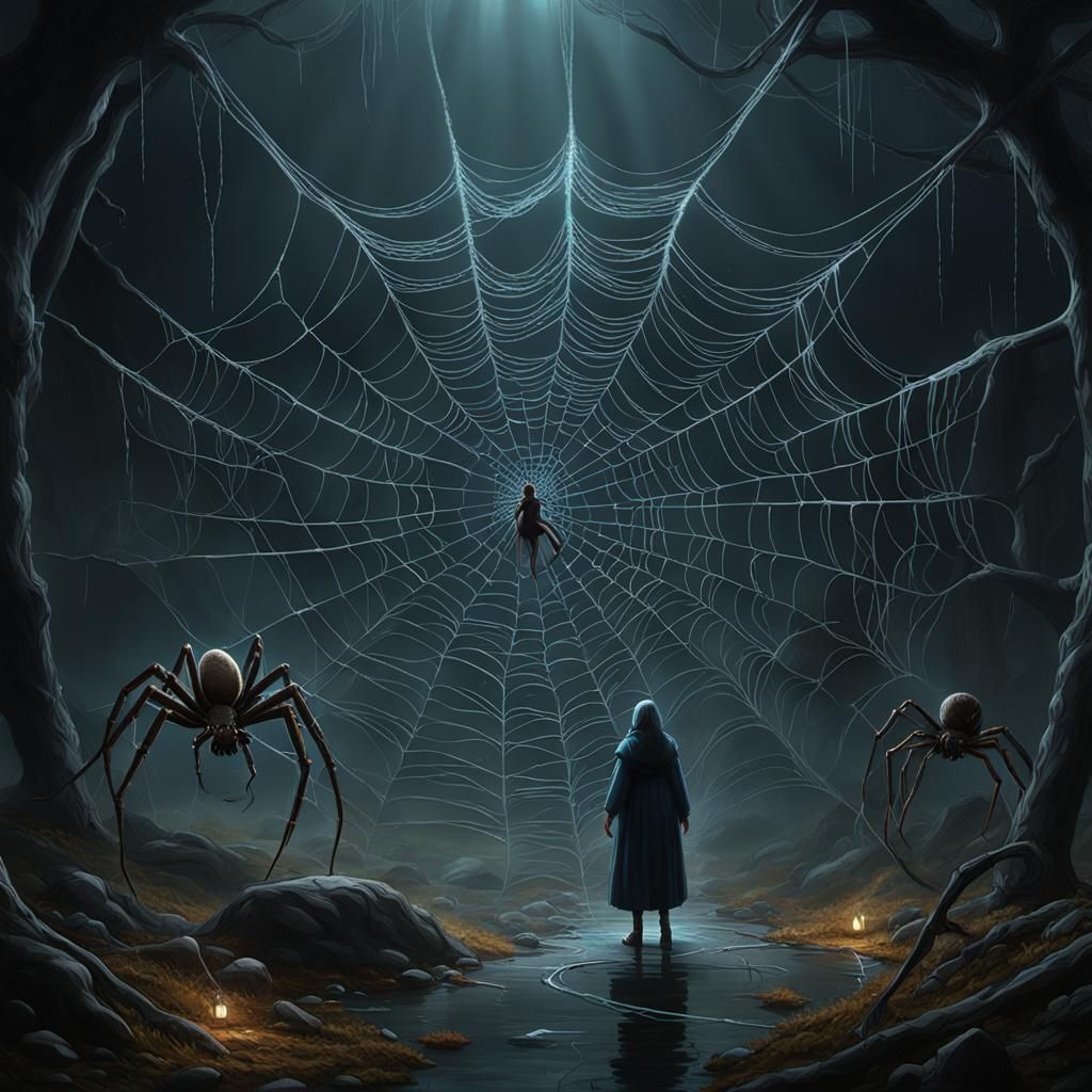 Surreal spider web eating her own offspring while from a distance a mystic figure watches on, uncanny, dark, eerie, distorted, beautiful and...