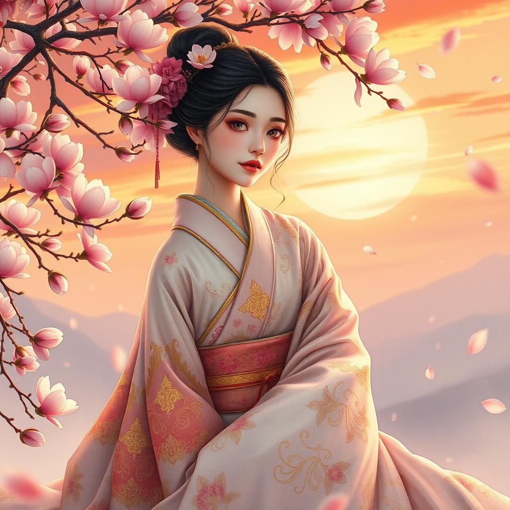 lady in hanfu sitting next to a magnolia tree, watercolor, s...