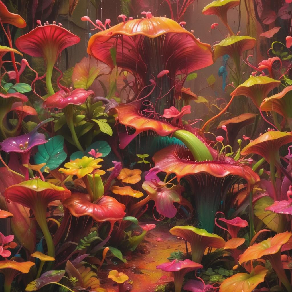 Hyper-realistic, mid shot. Cannibal plant eating its prey in...