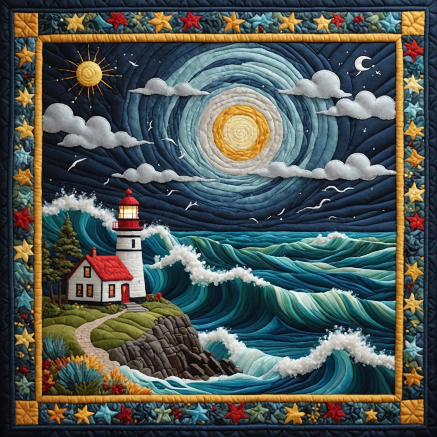 Quilted scene of a storm at sea with a lighthouse.   by @CreditonJules