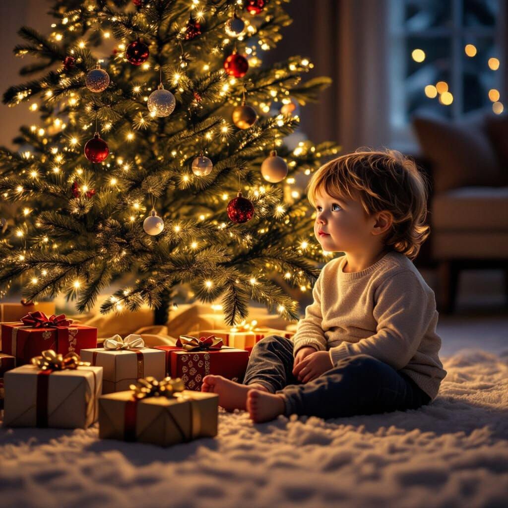 A child sitting quietly beside a Christmas tree late at night, warm lights reflecting in their eyes, ...  by @SharpStudio
