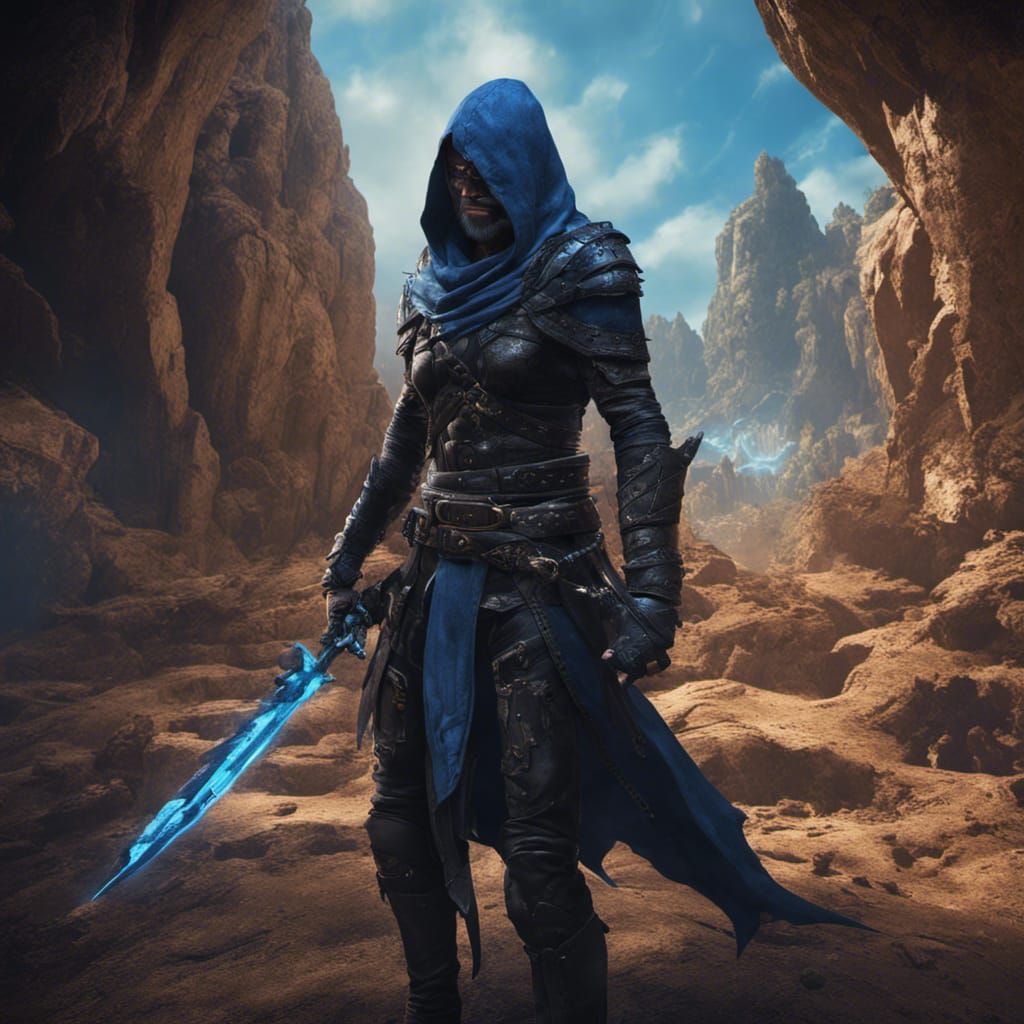 assassin in black leather, black daggers, blue sun, cave in ...