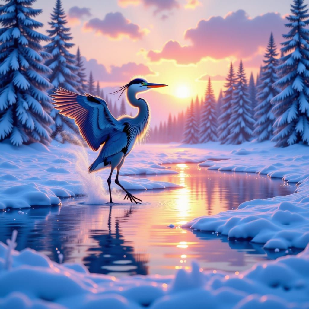 <lora:Heron Snow:1.0> Heron in a snowy winter scene vibrant pond sunset