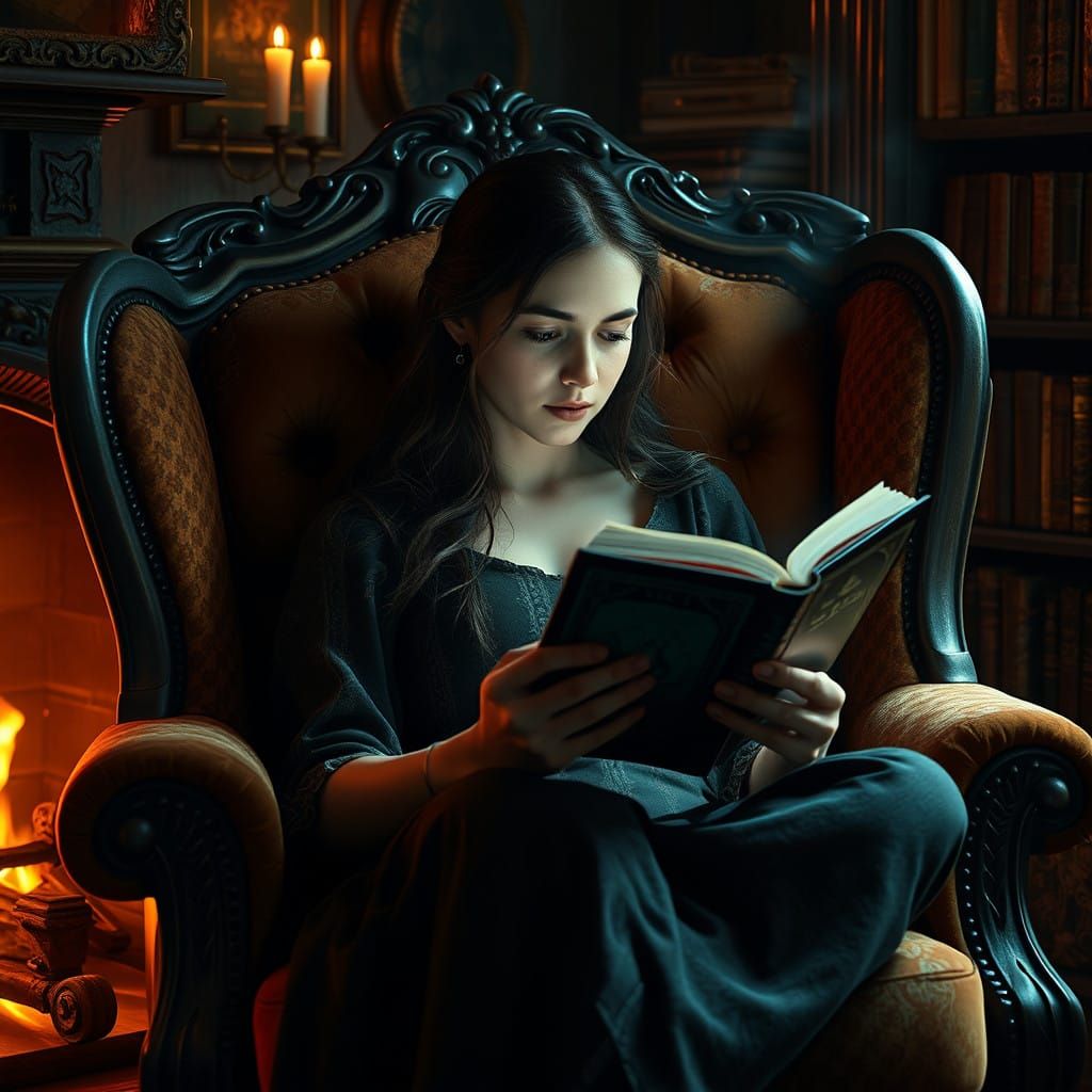 Mystical Bookworm in a Cozy, Golden Nook