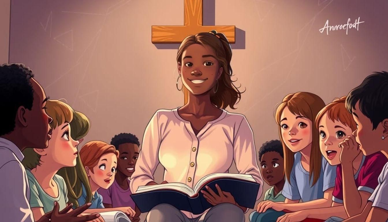 Attractive young woman leading Bible study with several chil...