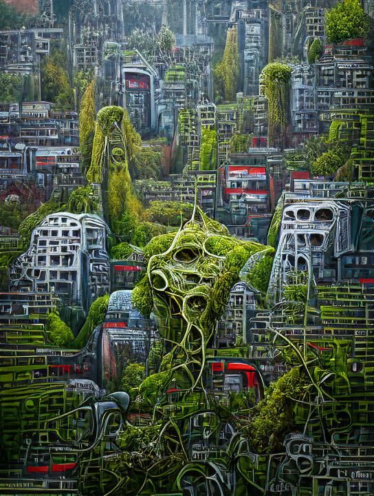 Overgrown city covered in vines and moss scenic space sinist...