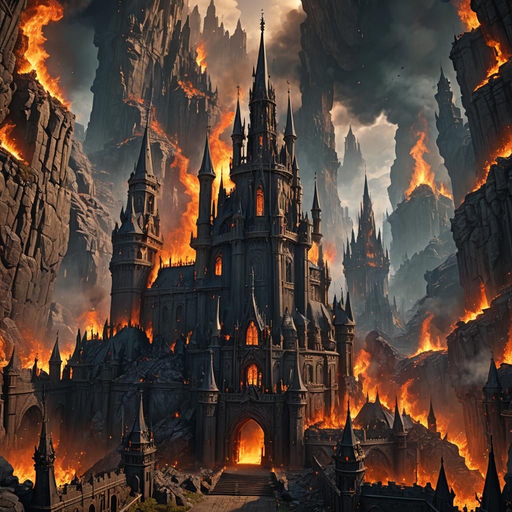 "Draw an infernally vast kingdom, ablaze with flames on ever...
