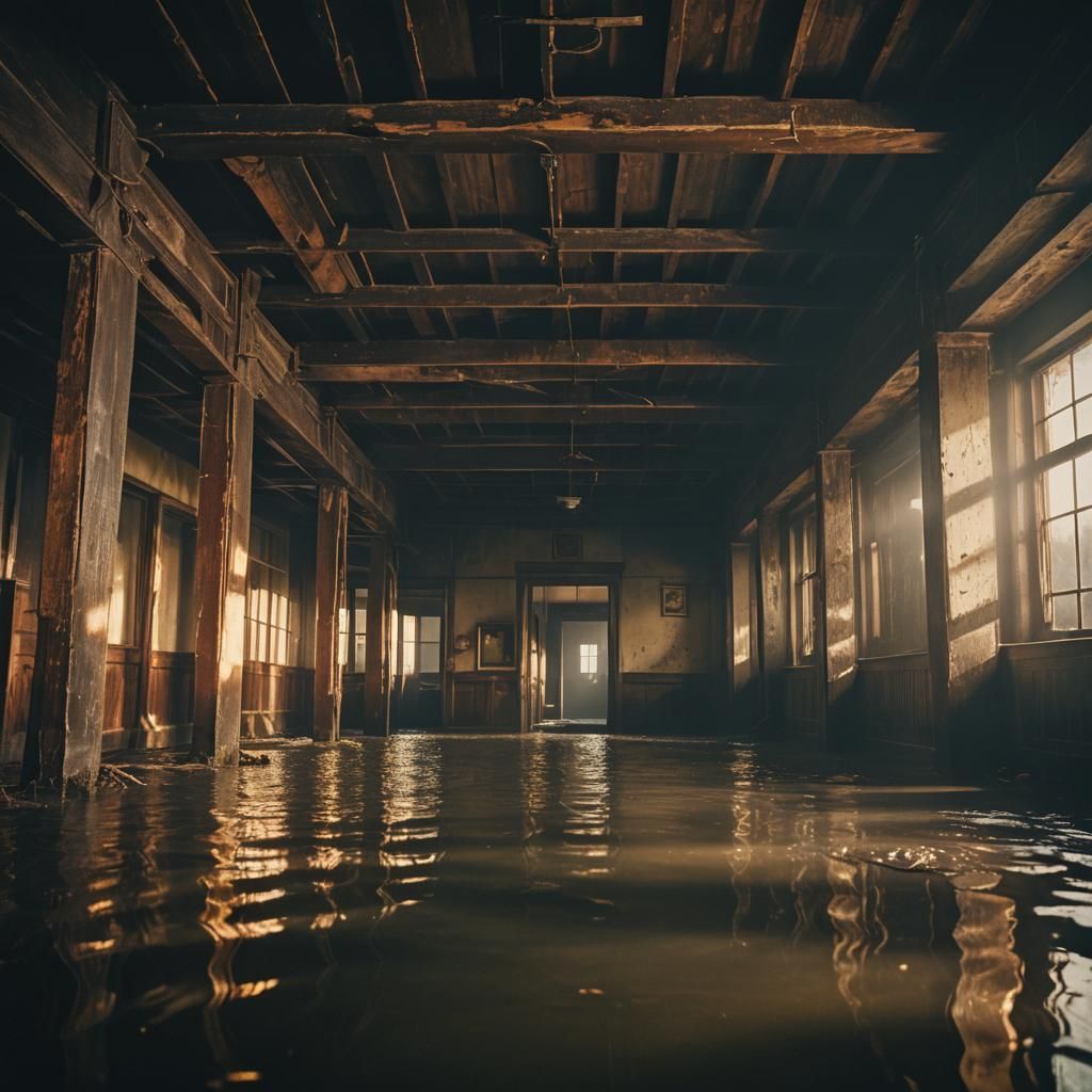 A dark abandoned building interior with bottom floor submerged in water but you can see the other floors above eerie liminal vibes