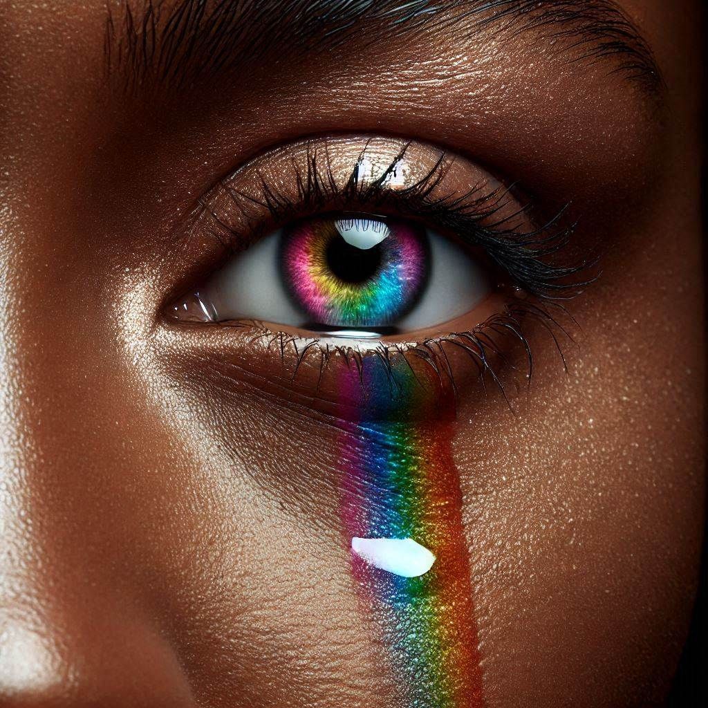 close up shot of a person with open eye with rainbow tears revealing an opening