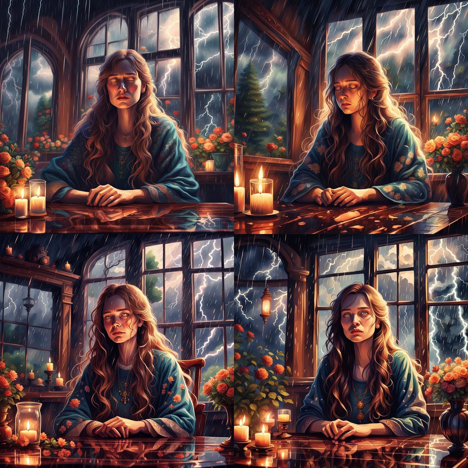 long haired woman crying
sitting next to window rain lightni...