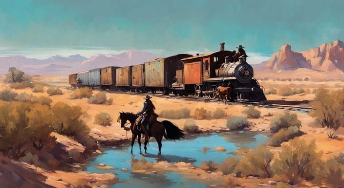 three cowboys on horseback racing a stream engine train near outskirts ...