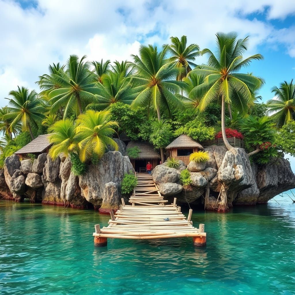 Tropical island, floating wood raft  by @FleurTerreur