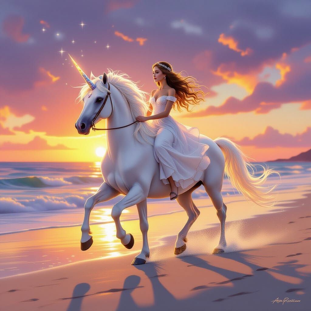 a white graceful fairytale sparkling unicorn with full head and legs showing, starry eyes, long lashes, long mane, galloping on the sandy oc...