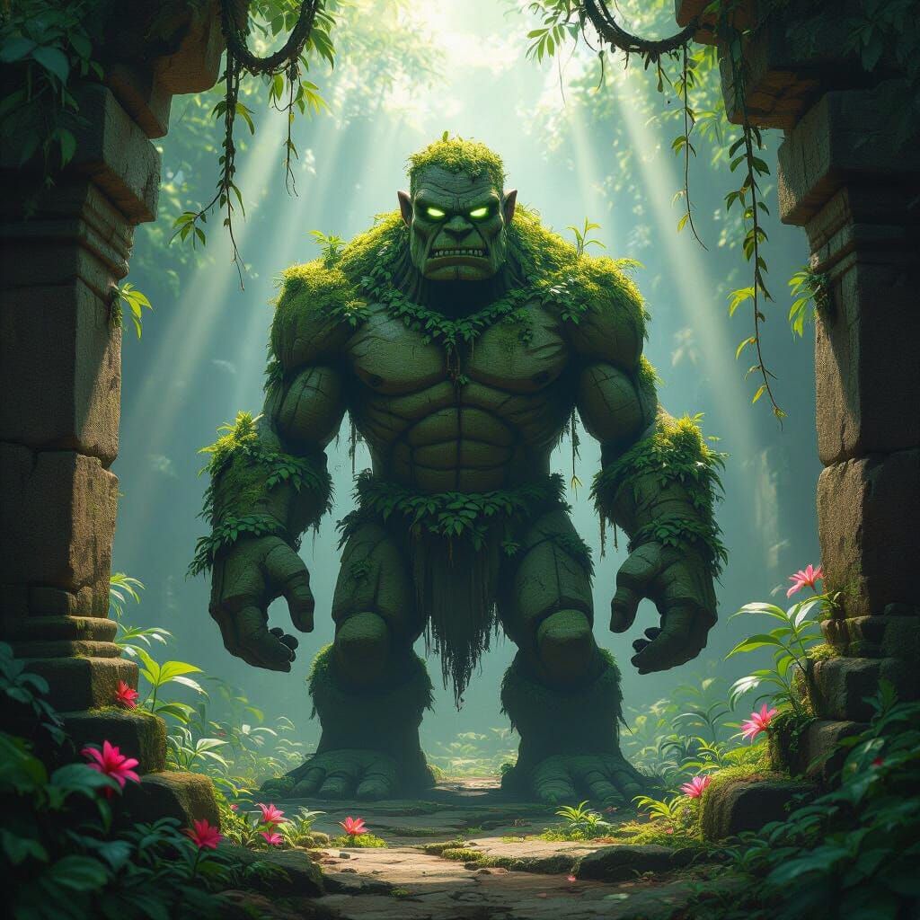 An ancient, moss-covered stone golem stands guard in a forgotten jungle temple, shafts of sunlight piercing the dense canopy above. Vines cr...