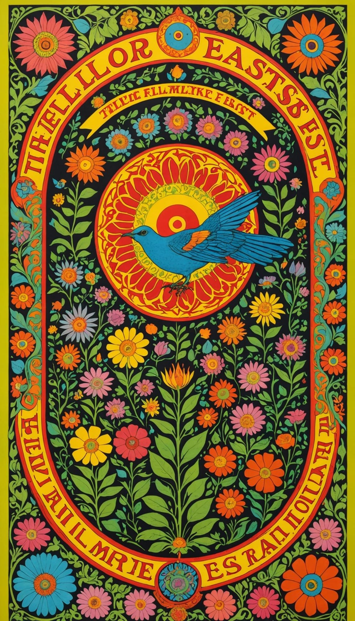 psychedelic concert poster art, 1968, the fillmore east, warm golden light, flowers, birds, mandala, psychedelic writing, vivid colors,  gou...