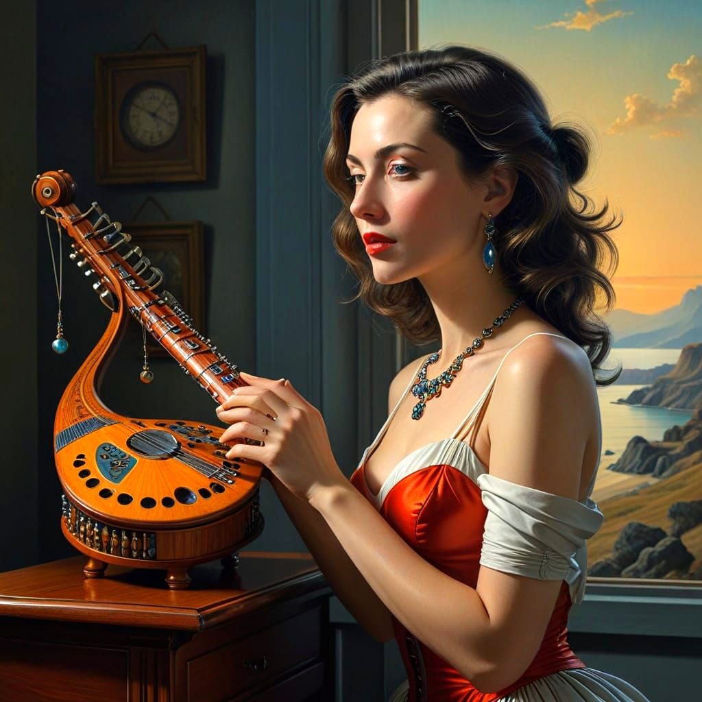 Eccentric Lady with Chimeric Instrument in Surreal Landscape