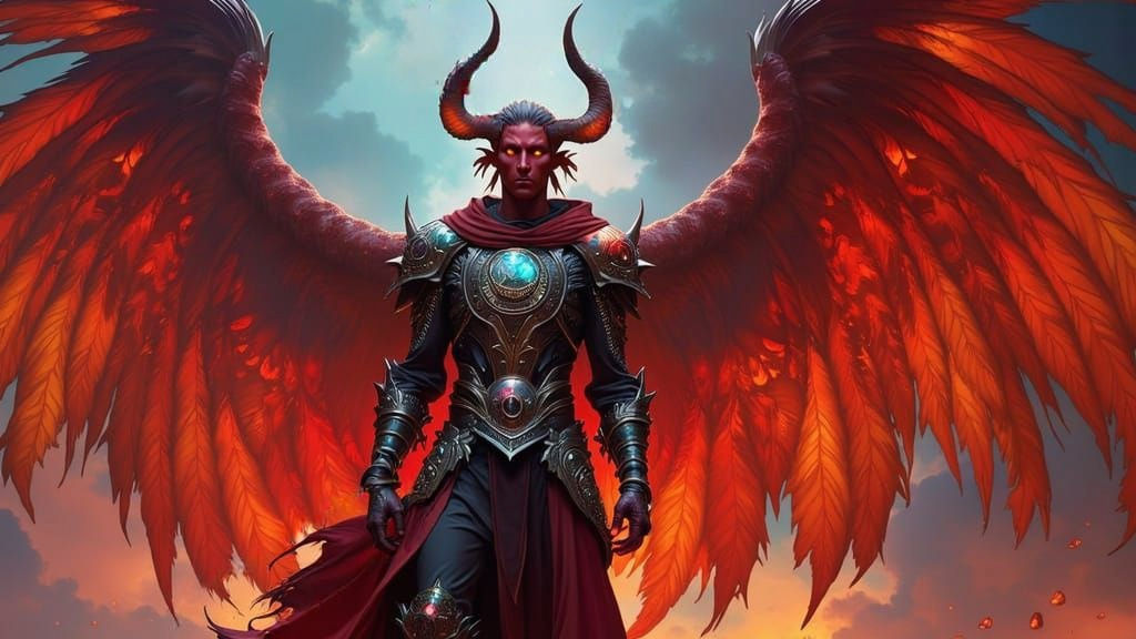 Tiefling with redemption angel wings approaches