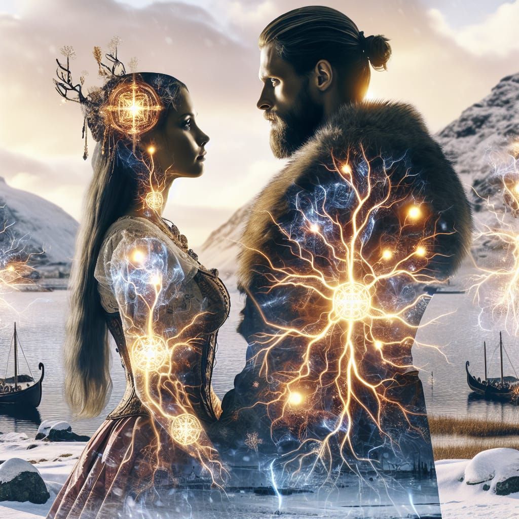 Viking Warrior and Scandinavian Woman Embrace in Digital Art