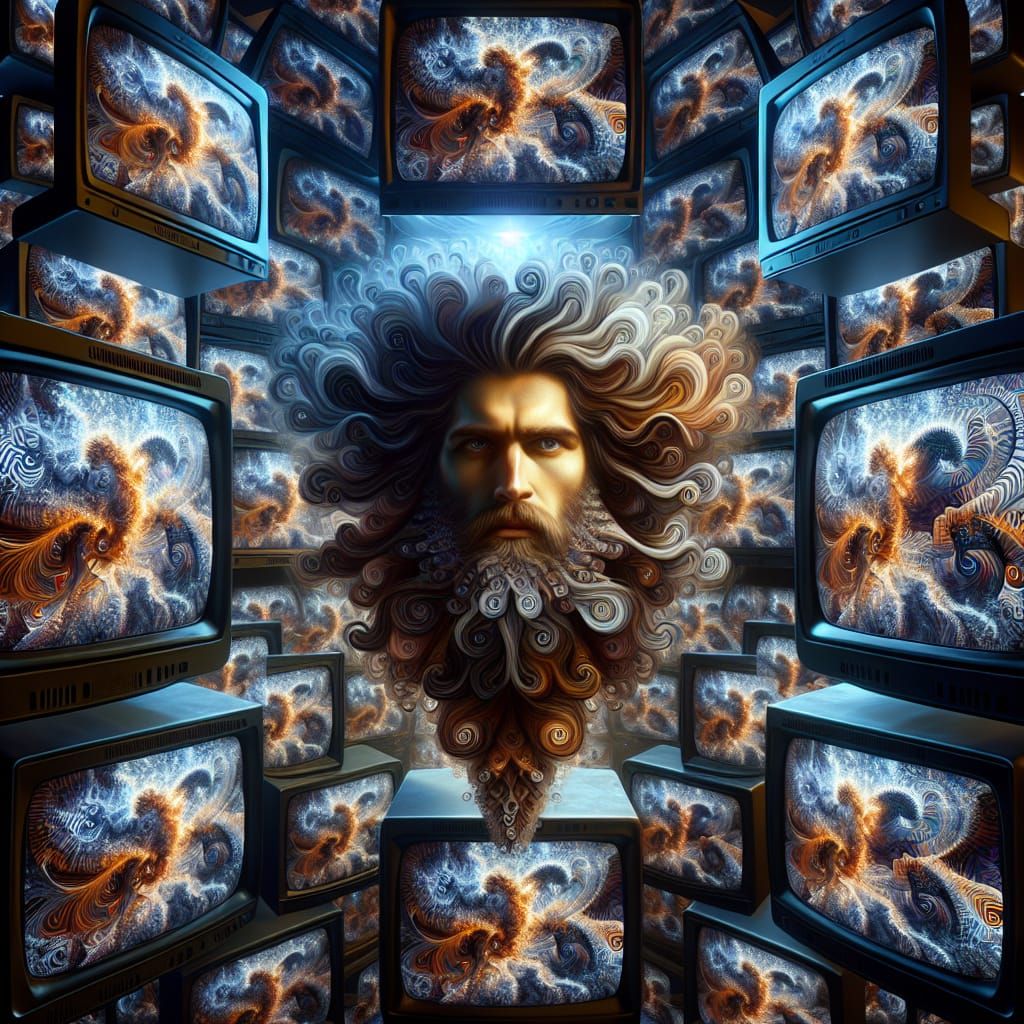 Imagine a complex, kaleidoscopic scene filled with multiple television screens, all displaying the same image of a tan-skinned Caucasian man...