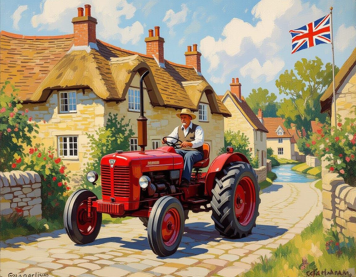 An an old farmer on an old tractor driving through a Cotswold village in the 1920's. A couple of Cotswold stone cottages and a stream in the...