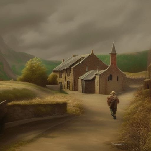 "Realistic painting of an old  Irish village"