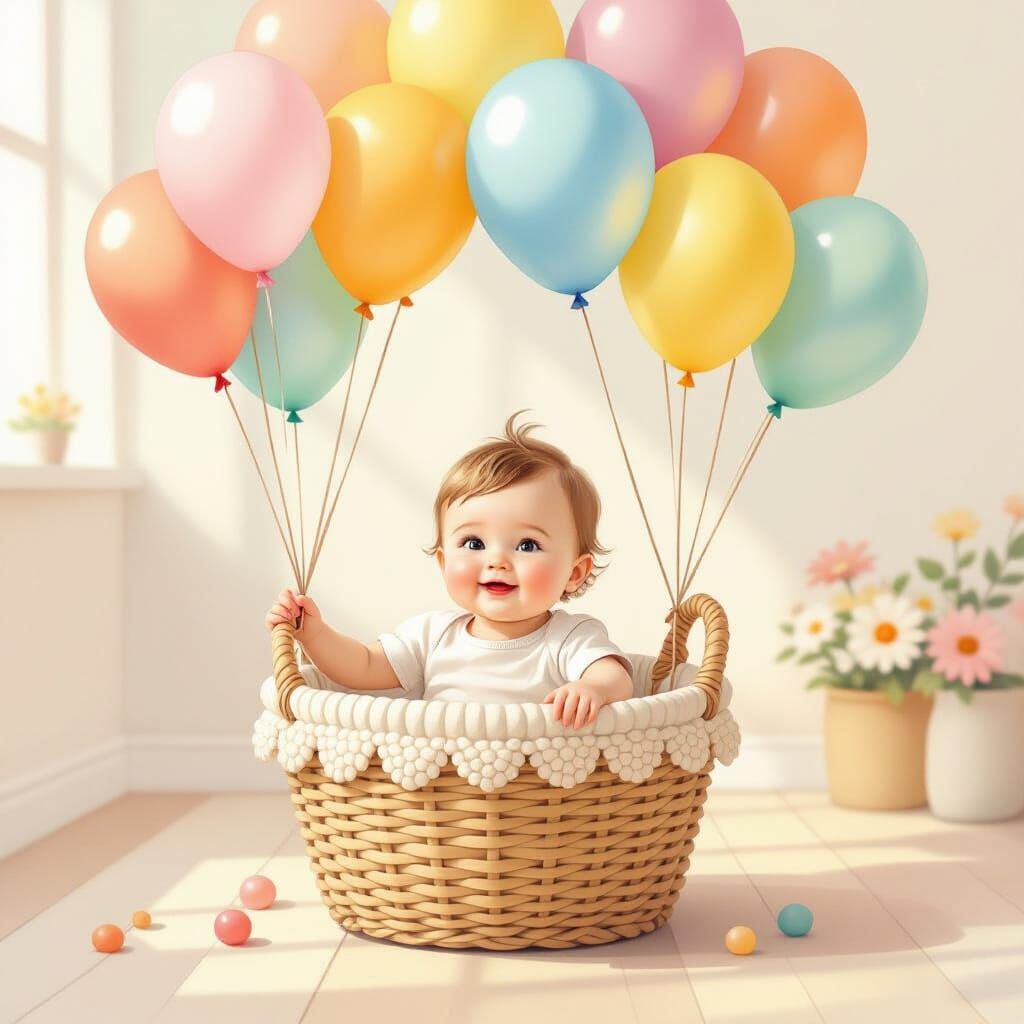 Joyful Baby in Knitted Basket with Balloons