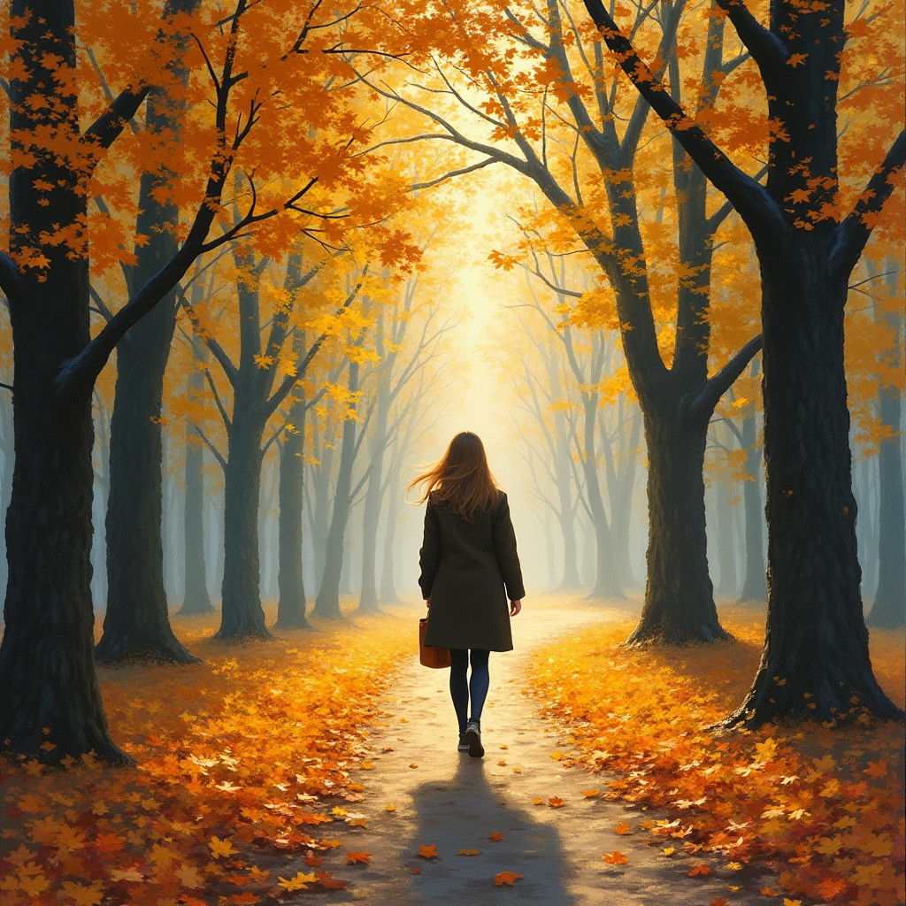 Woman in Autumn Forest, Impressionistic Style