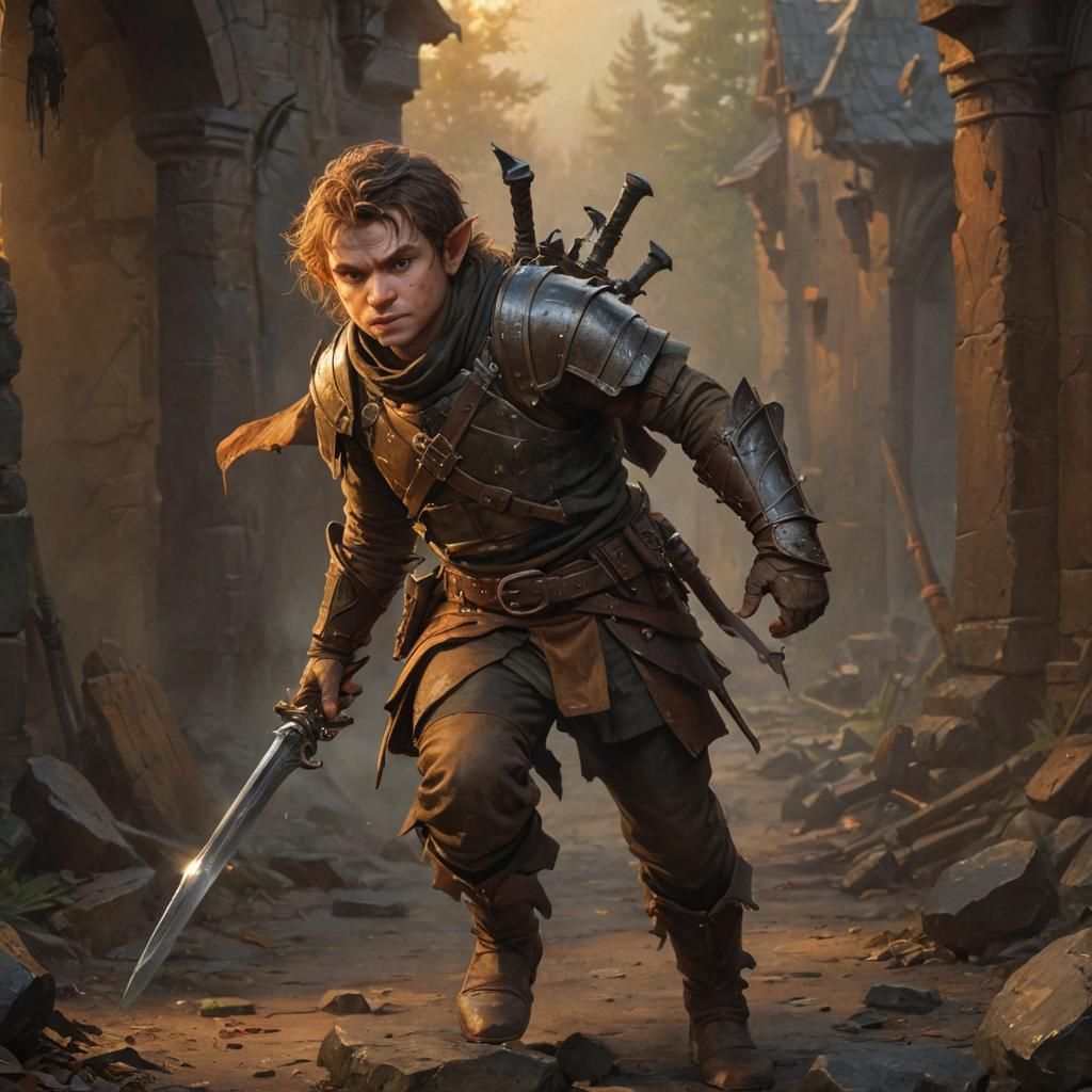 halfling rogue in leather armor, duel short swords and a pair of daggers.  A Sling in his belt and a bag of bullets.