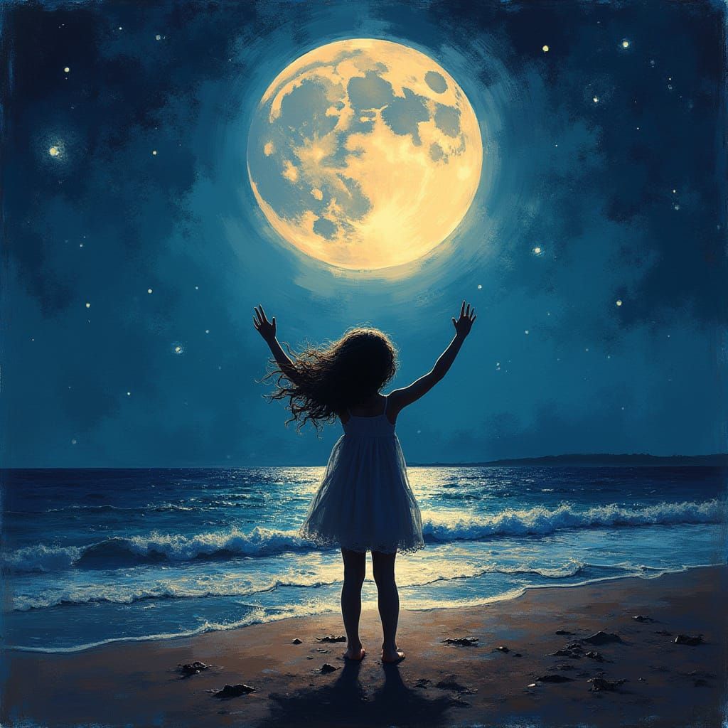 Silhouette of girl on beach at night arms raised to sky receiving energy from full moon  by @RSA2