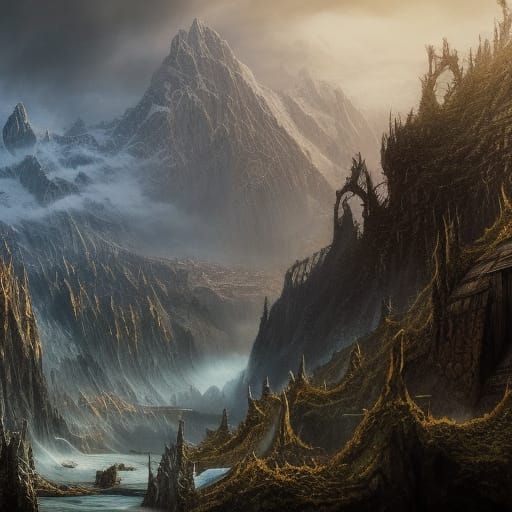 Mountain town, Lord of the Rings style, amazingly hyperdetailed, Epic ...