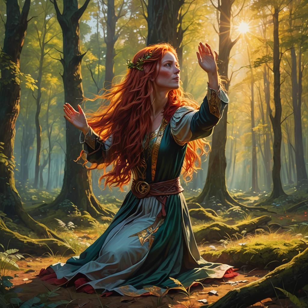 At the edge of a forest, a  long red  haired female , blue e...